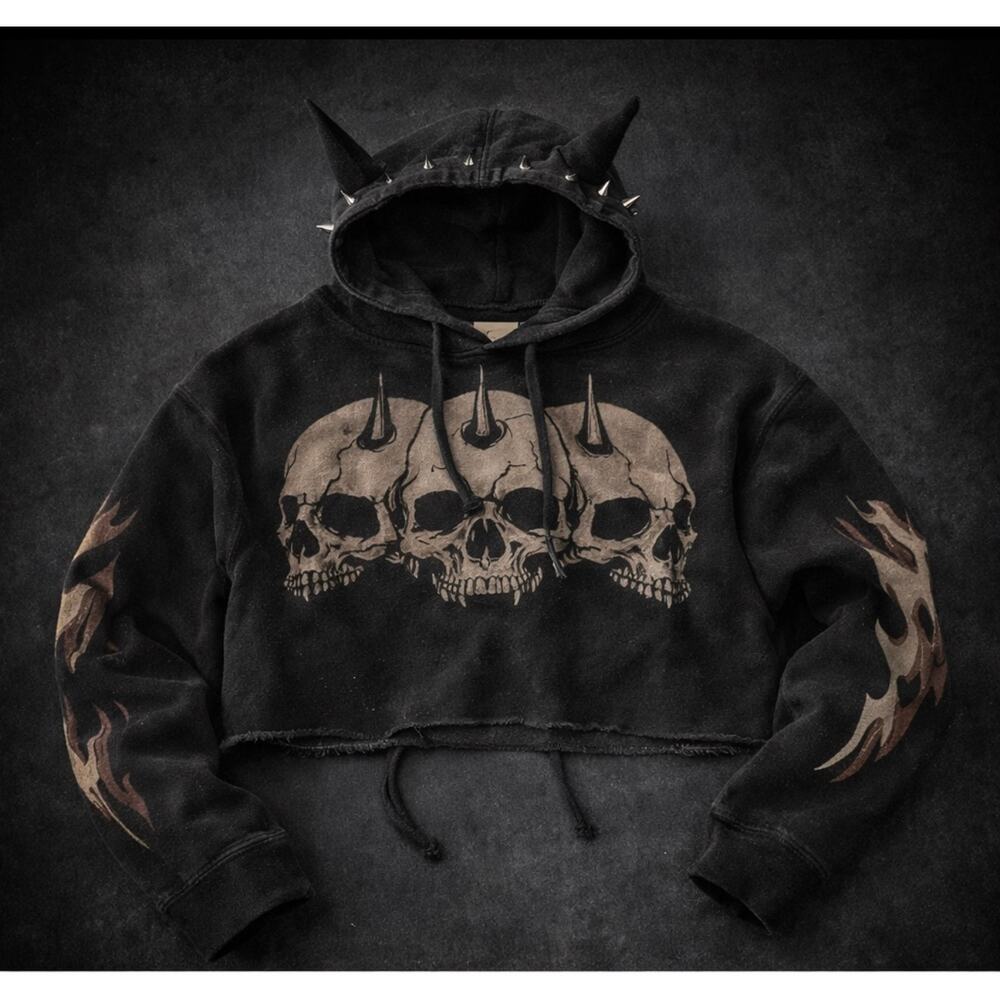 Y2K Skull Graphic Hoodie Cropped Black Spike Horn Goth Punk Grunge Sweatshirt S